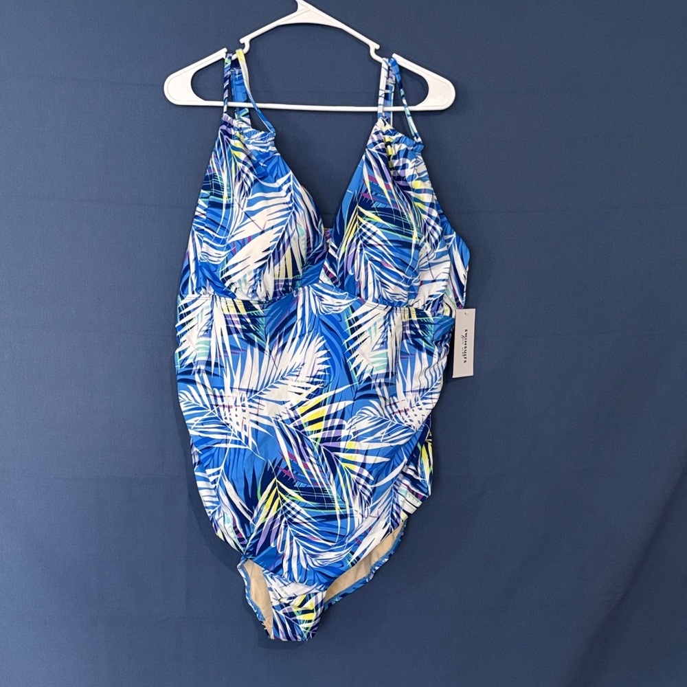 Plus size Swimsuits For All Blue Palm-Print One-Piece Swimsuit